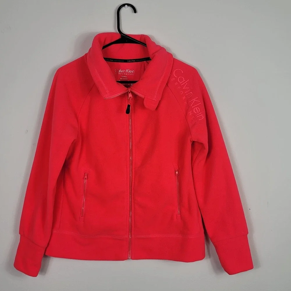 Calvin Klein Performance Fleece Jacket Neon Pink Small Full Zip Running Workout